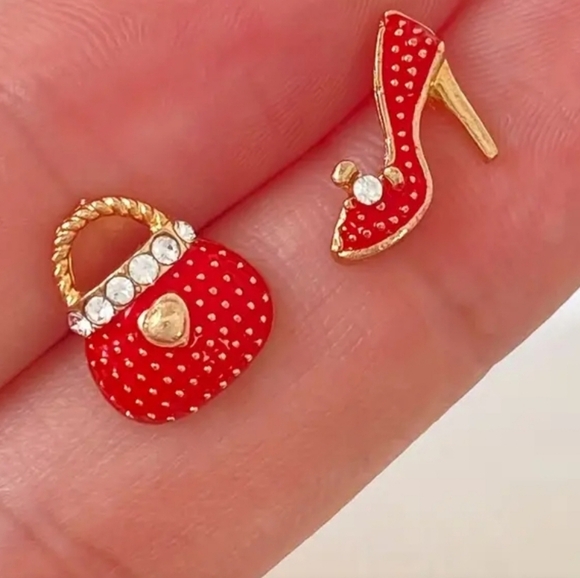 Purse And Heels Red 14K Plated Shiny Alloy Rhinestone Earrings - Picture 3 of 6